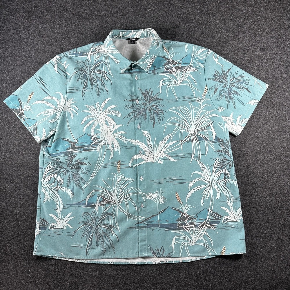 Ouku Hawaiian Shirt Mens 3XL Blue Floral Short Sleeve Button Up Aloha Casual AOP